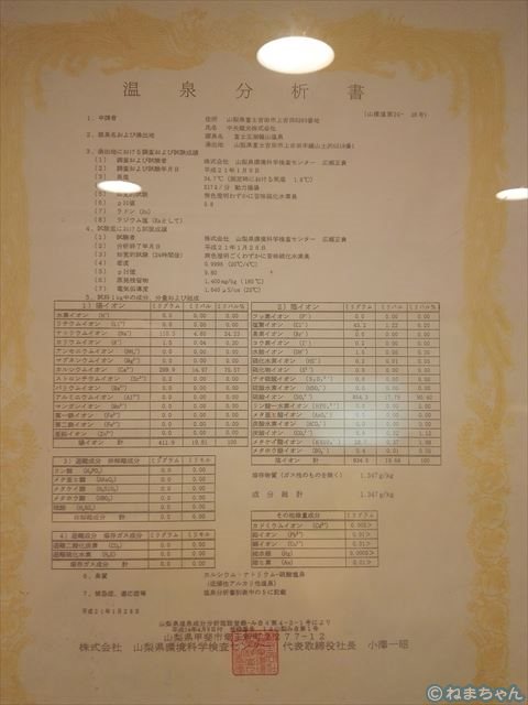 ホテルふじ竜ヶ丘「温泉分析表」